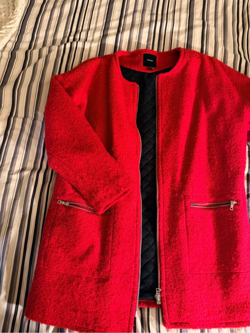 Forever 21 Red Bouclé Zip-Front Pea Coat